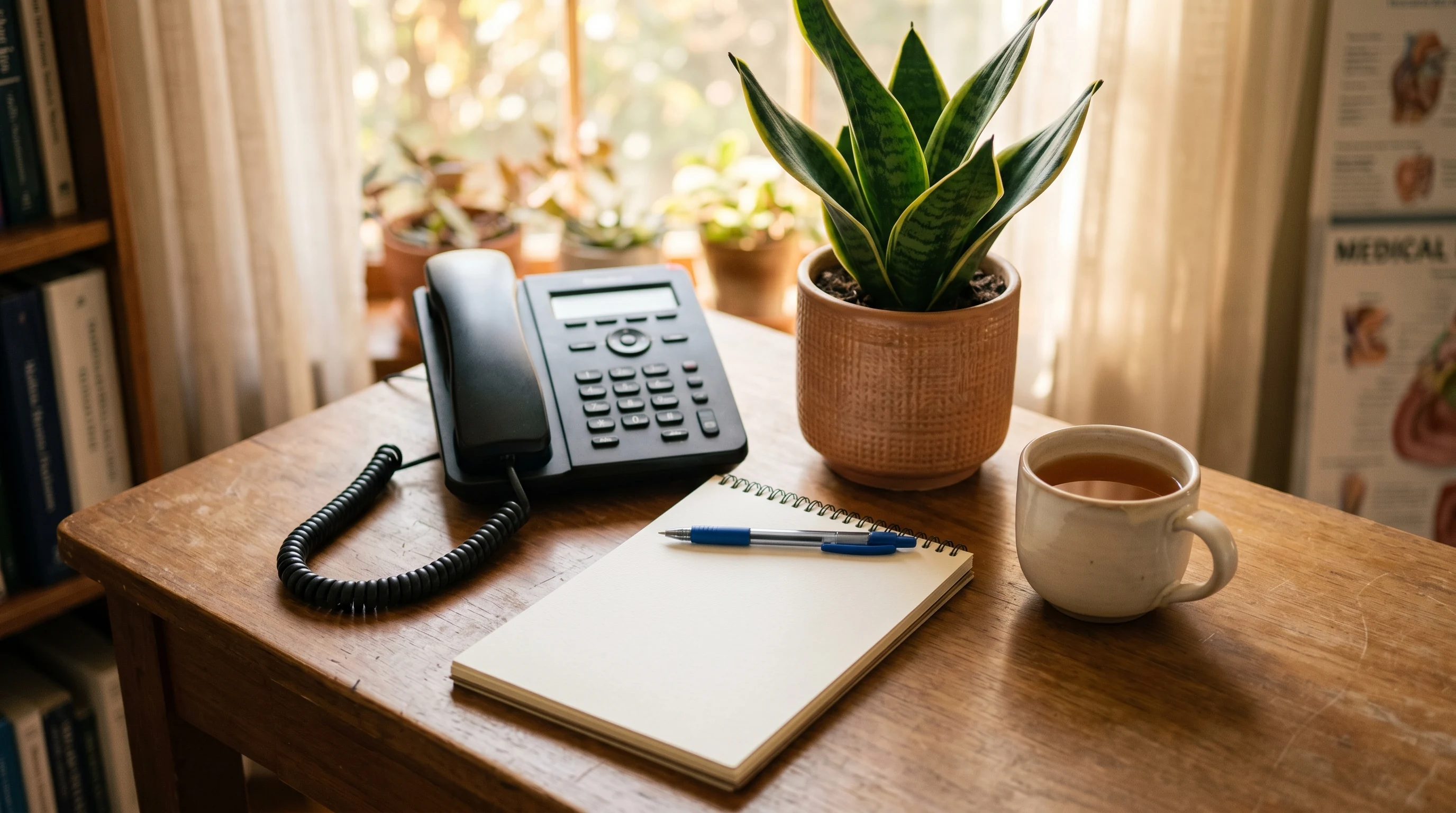 Notepad and desk phone on a tidy small medical office desk