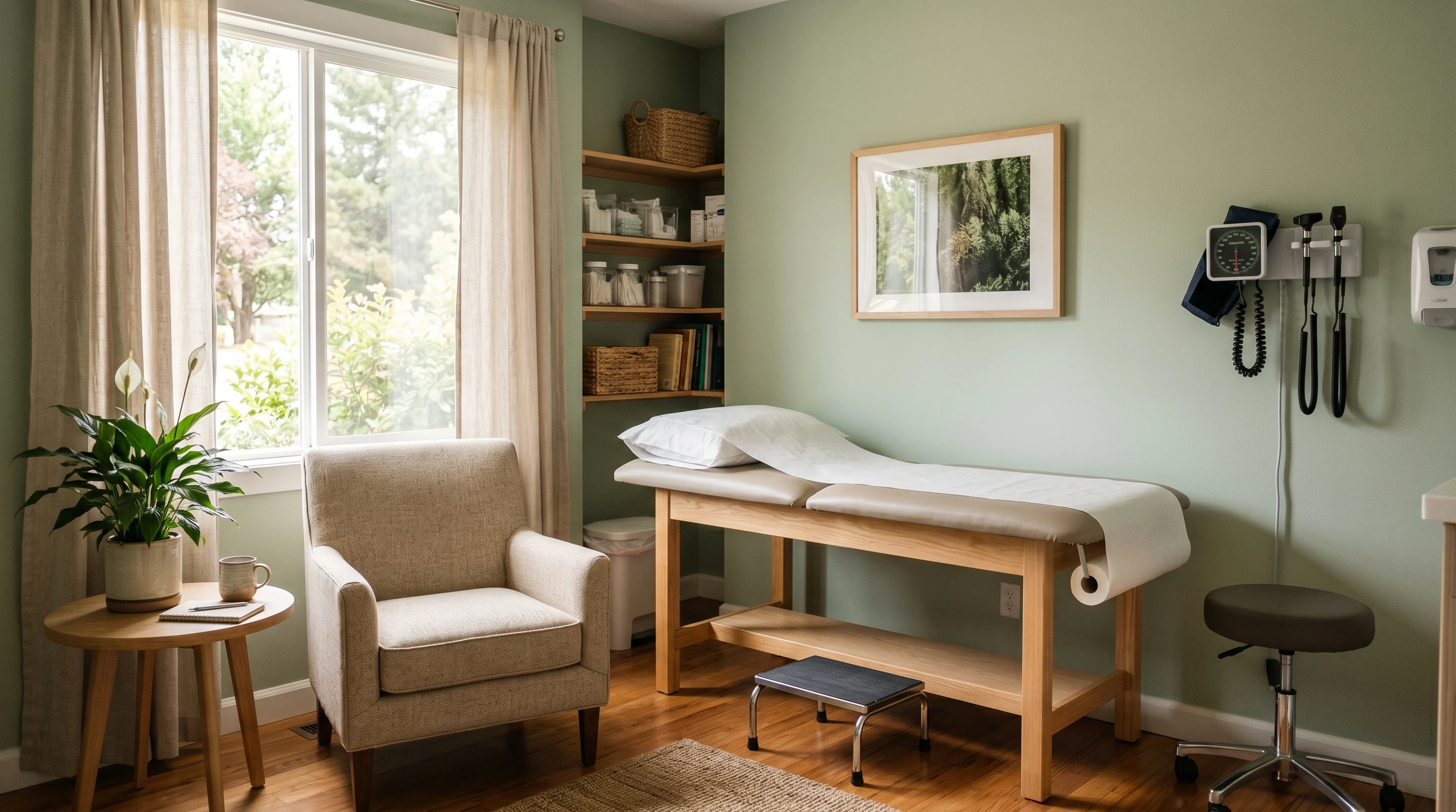 Friendly small medical office welcoming environment with exam room ready for a patient