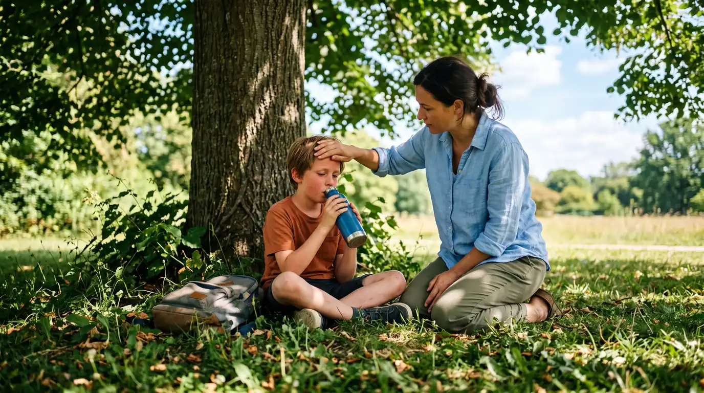 A parent checking on a flushed child resting in the shade with water