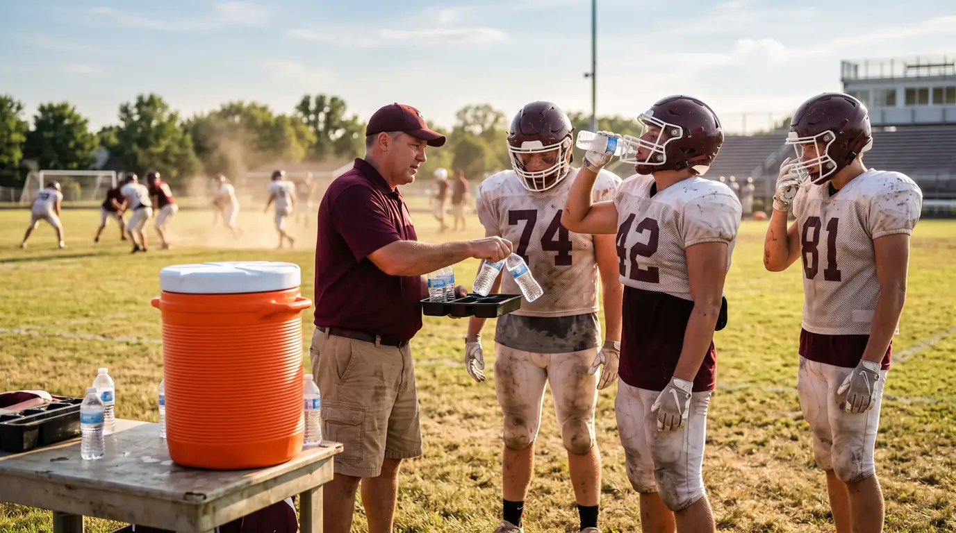 High school football players taking a water break at a sunlit practice field
