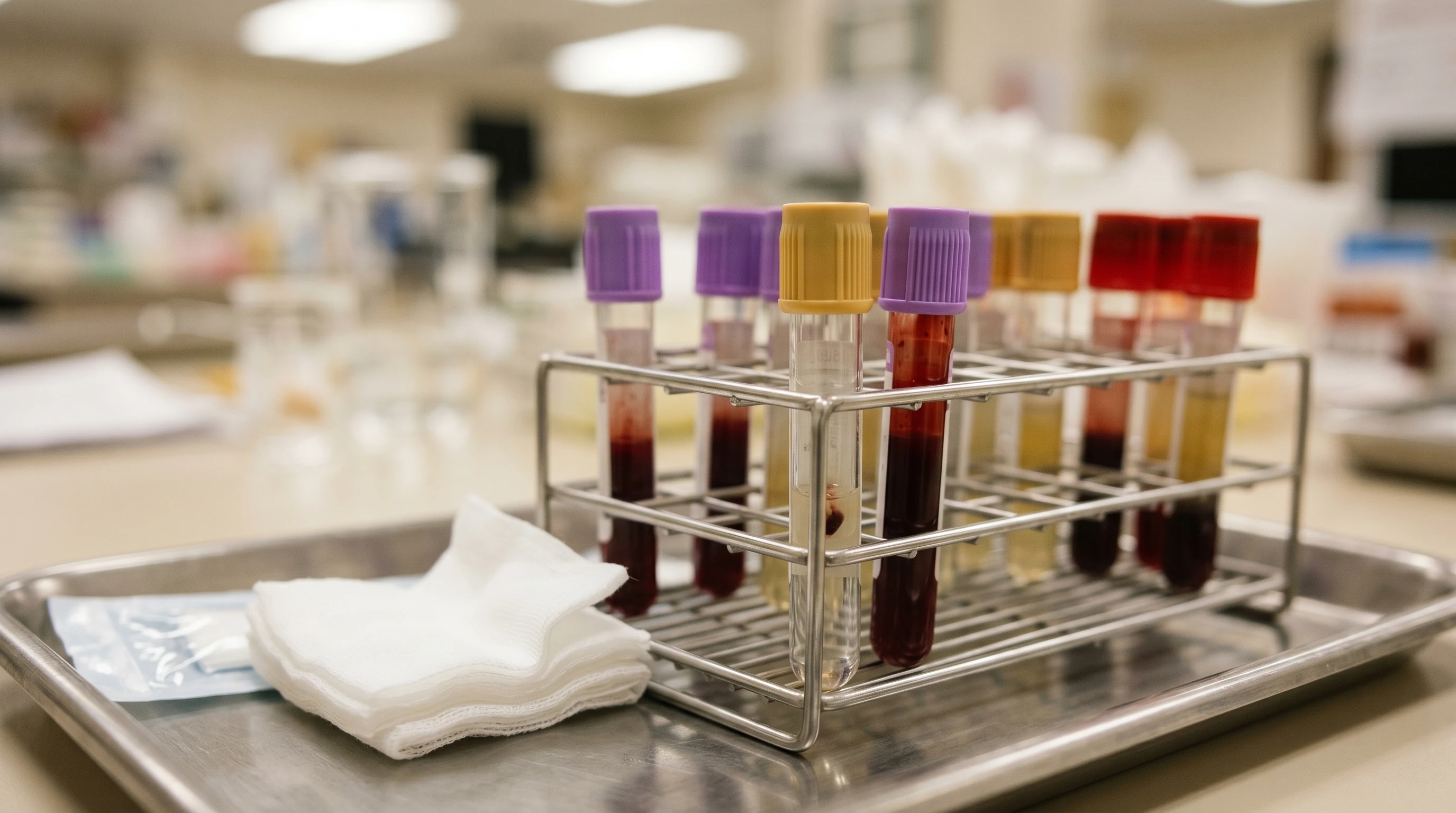 Test tubes in a rack at a clinical lab phlebotomy station