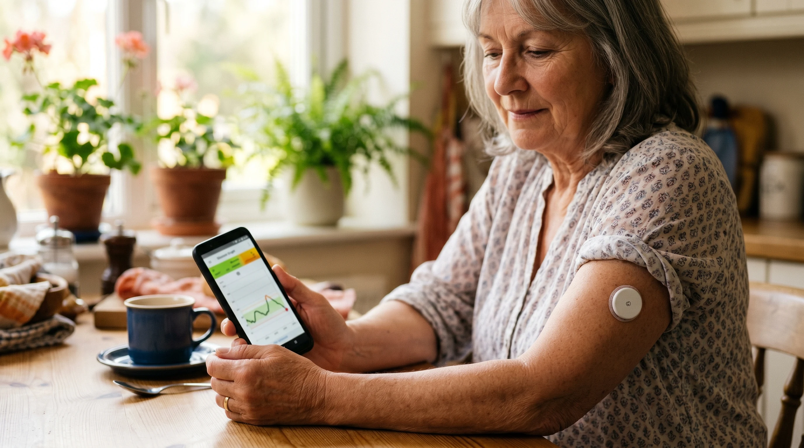 Older woman checking her glucose with a continuous glucose monitor patch on her arm