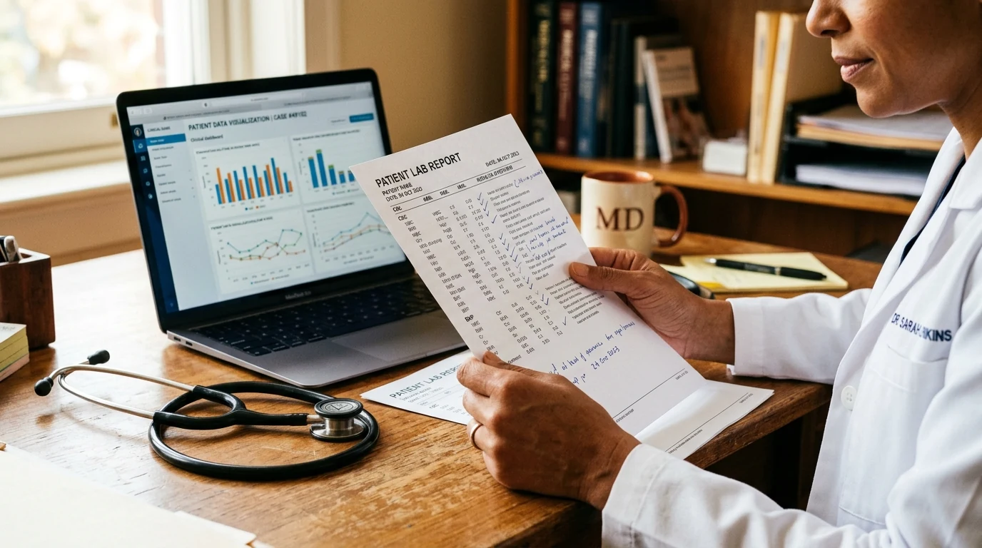 Senior woman reviewing printed lab results with her physician at a desk