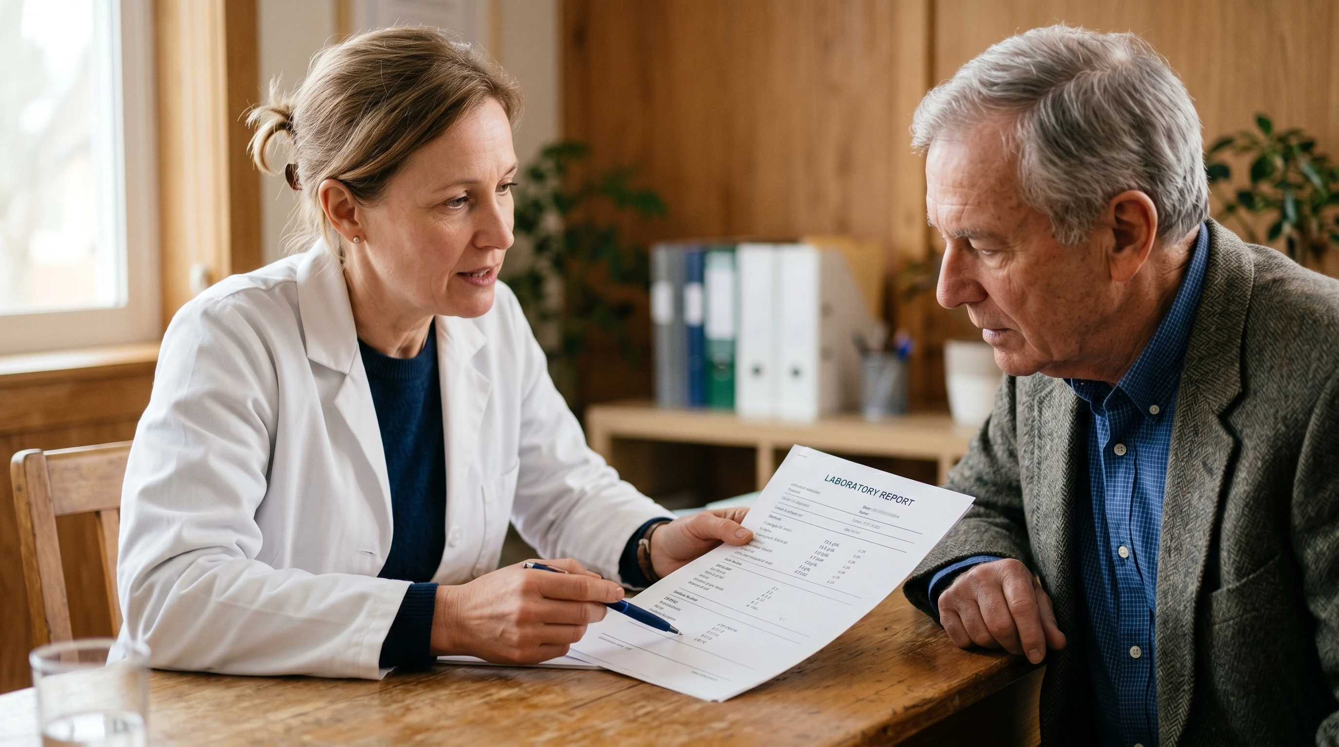 Older patient and physician reviewing printed lab results together at a desk