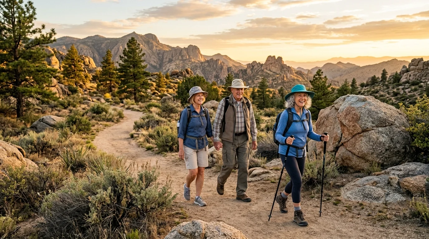 Active seniors walking a scenic trail through the Arizona high desert at golden hour near Prescott