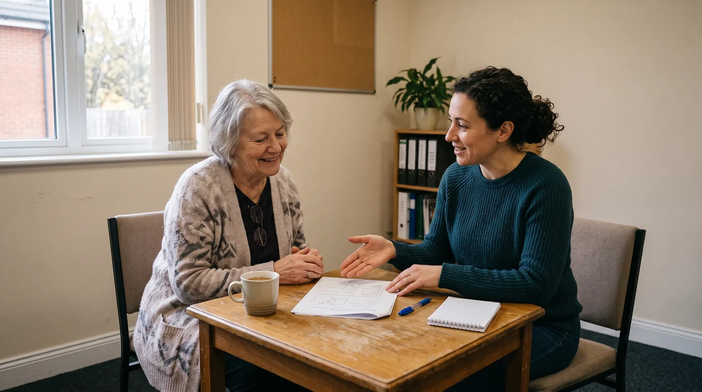 A retiree meeting with a Medicare counselor in a community office