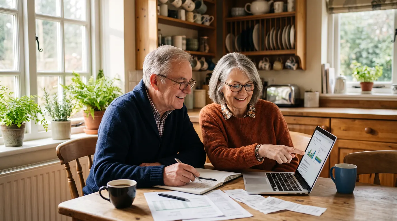 A retired couple reviewing Medicare plan options together at their kitchen table