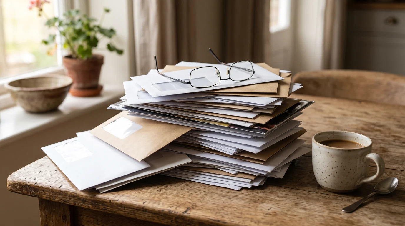 A stack of unopened Medicare plan mailers on a kitchen table