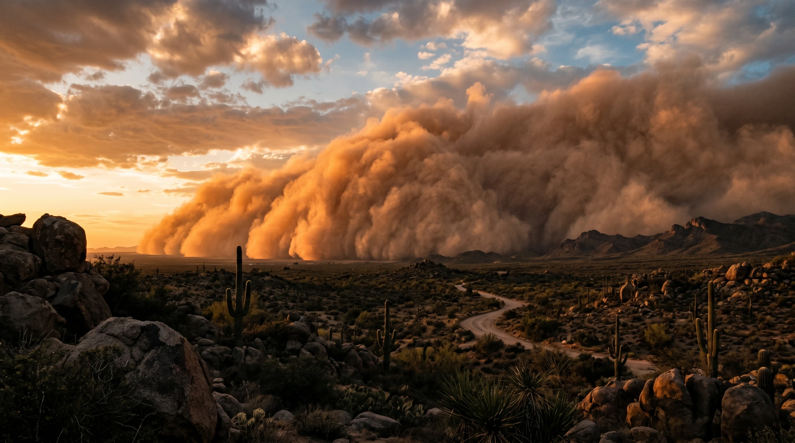 Wall of monsoon dust approaching a desert landscape — Valley Fever risk