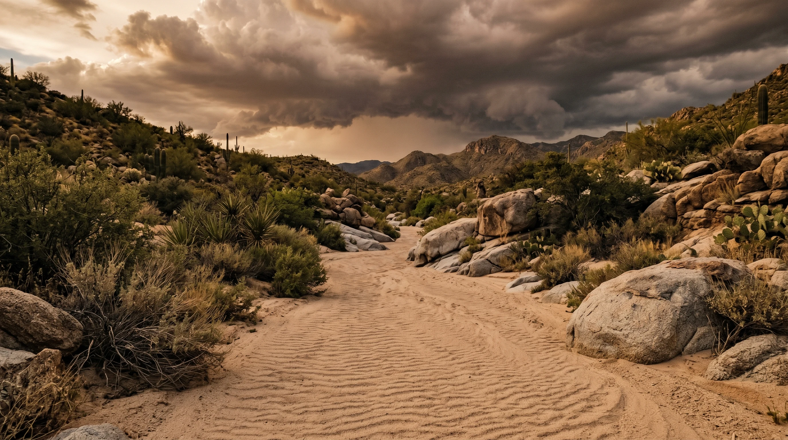 Dry desert wash with warning of flash flood potential