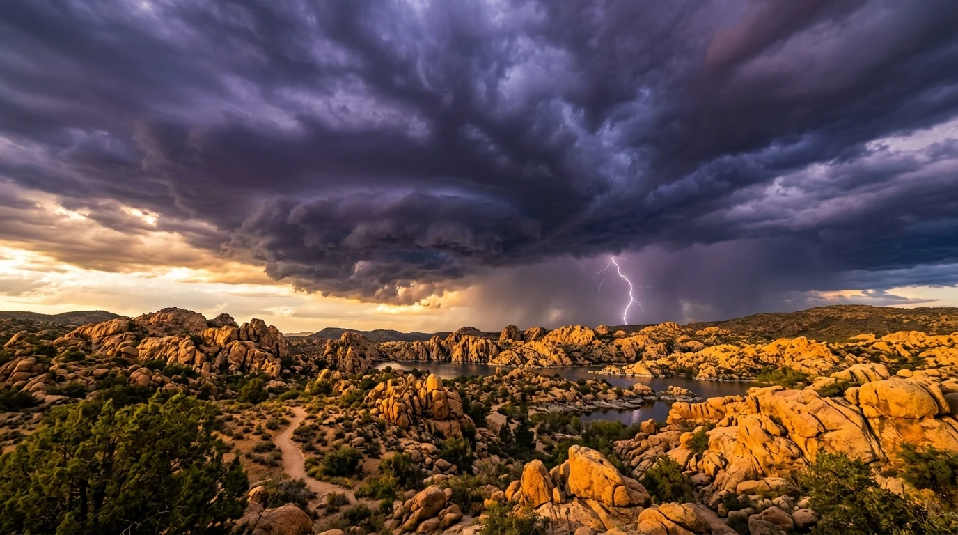 Dramatic monsoon storm clouds building over Prescott Arizona with lightning in the distance