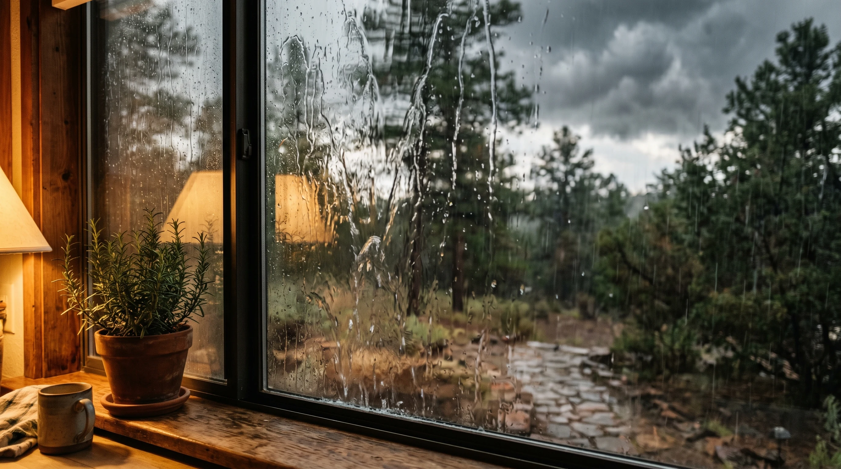 Heavy monsoon rain streaming down a kitchen window in Arizona