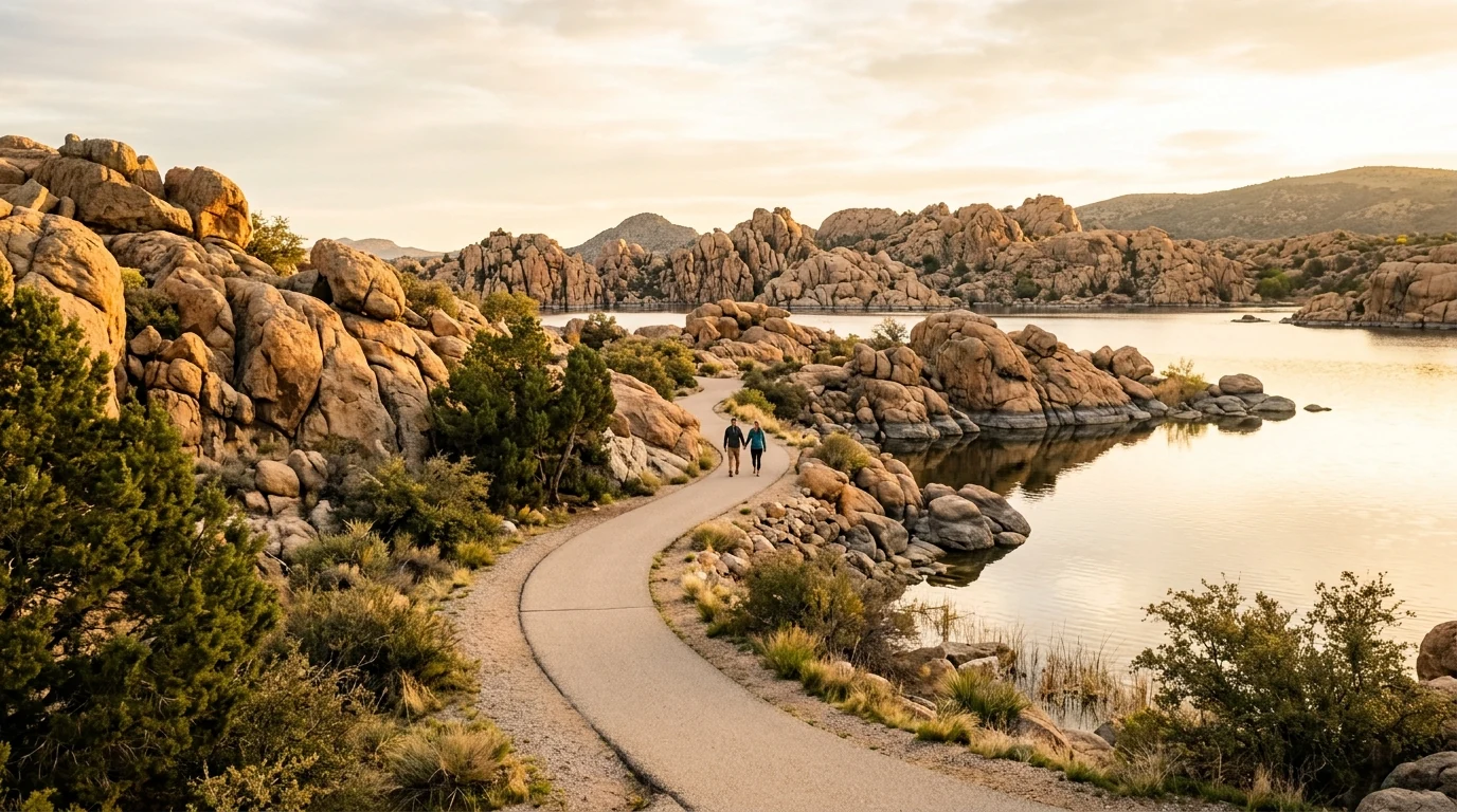Hiker on Watson Lake Trail with Granite Dells in background near Prescott Arizona