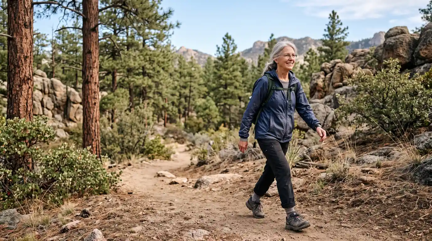 An older woman walking on a pine-lined trail in the Arizona high desert