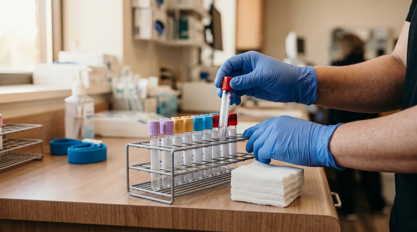 Blood collection tubes prepared in a rack on a clinic counter