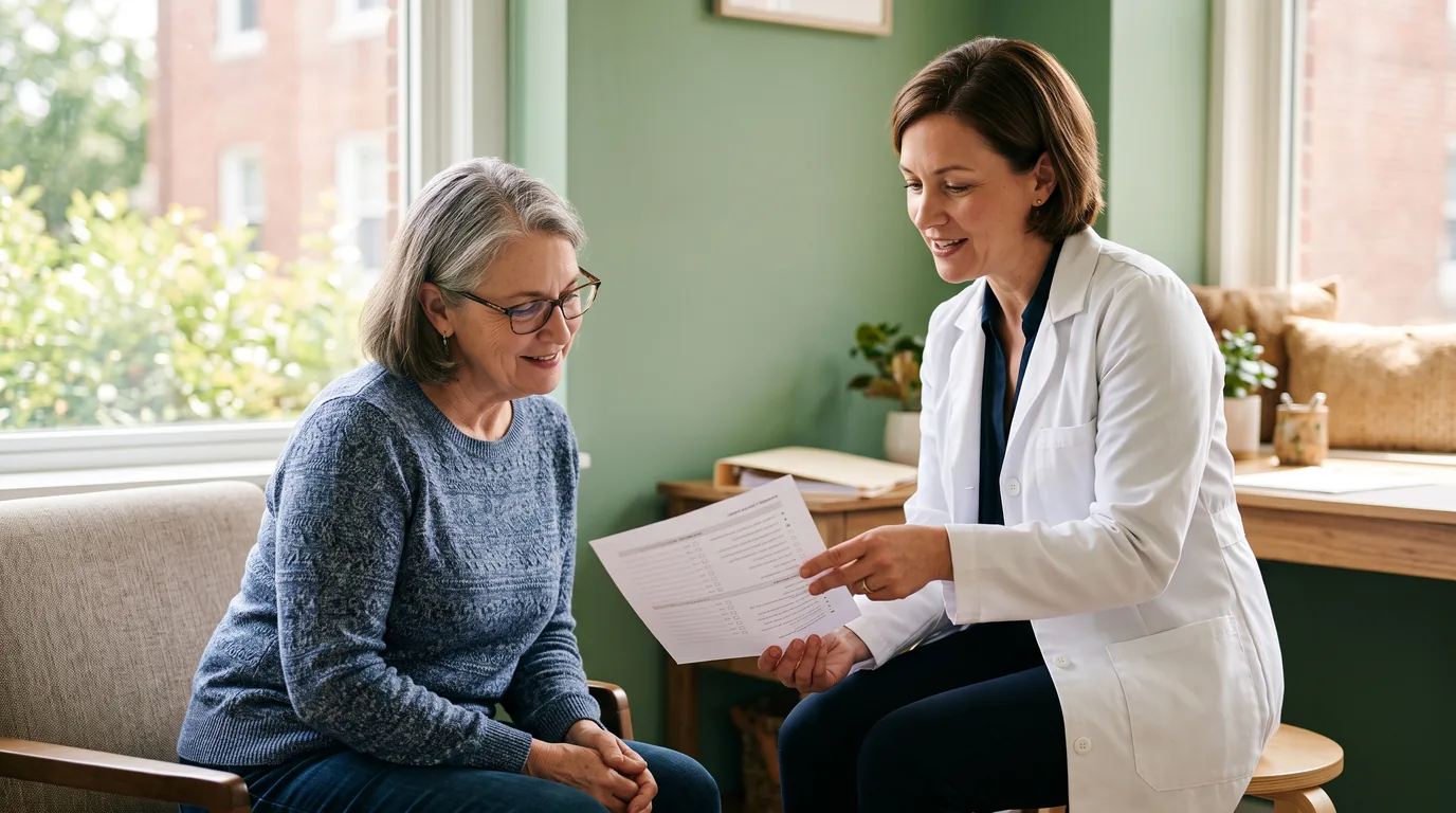 A physician reviewing a preventive screening checklist with a patient
