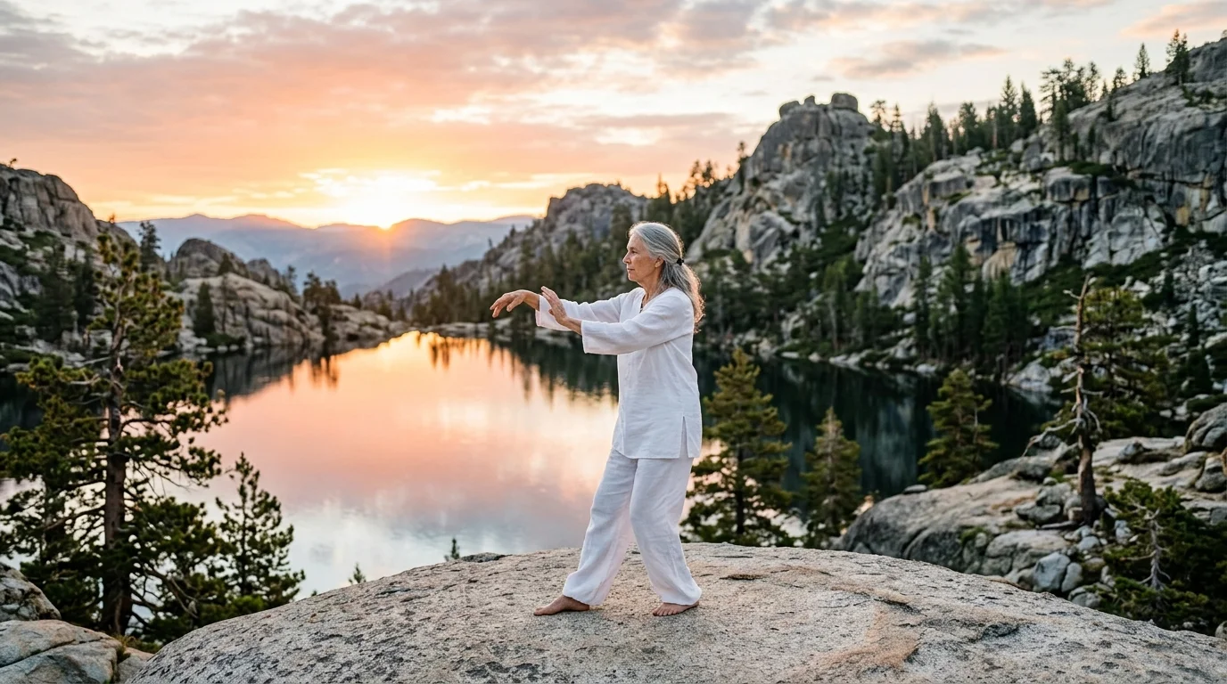 Senior woman practicing tai chi on rocks overlooking Watson Lake at sunrise in Prescott Arizona