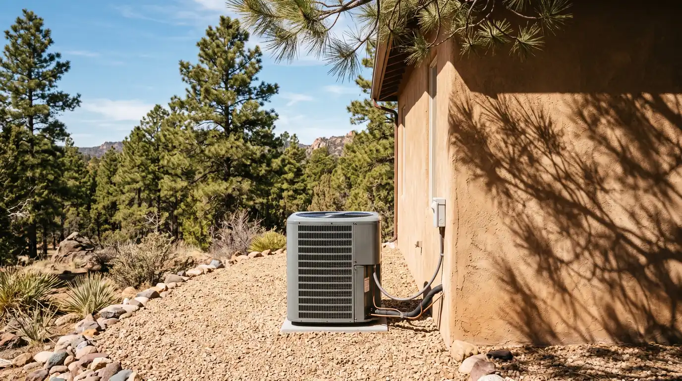 A residential air conditioning unit beside a house in the Arizona high desert