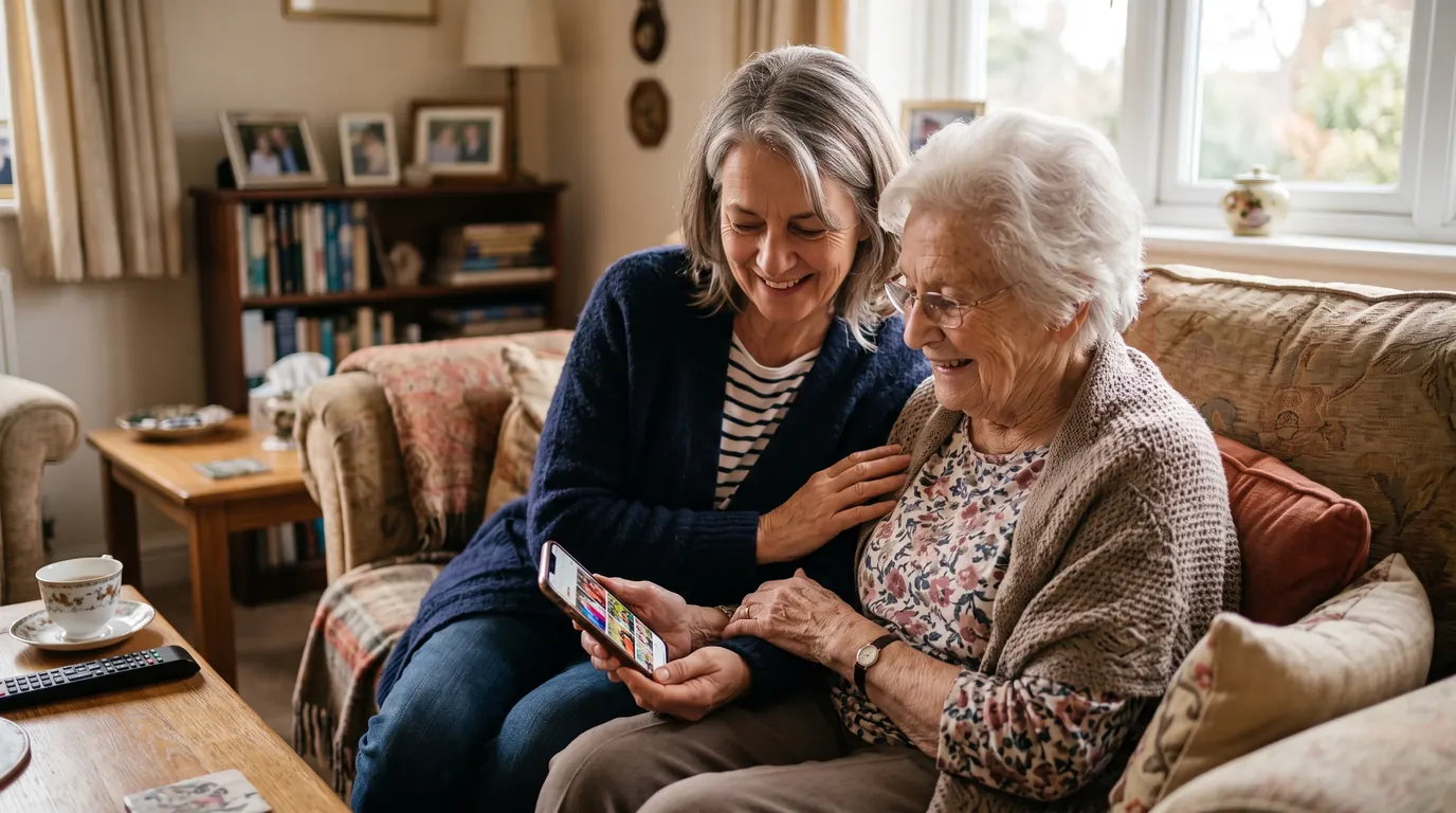 An adult daughter sitting with her elderly mother looking at a phone