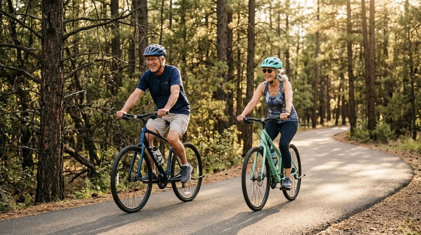Retired couple cycling together on a paved trail through Ponderosa pines near Prescott Valley