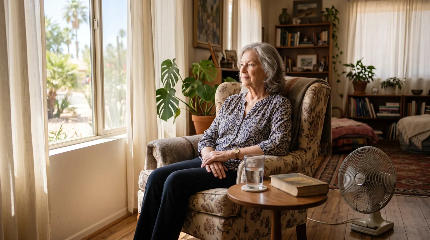 An older woman sitting by a sunlit window in a warm living room