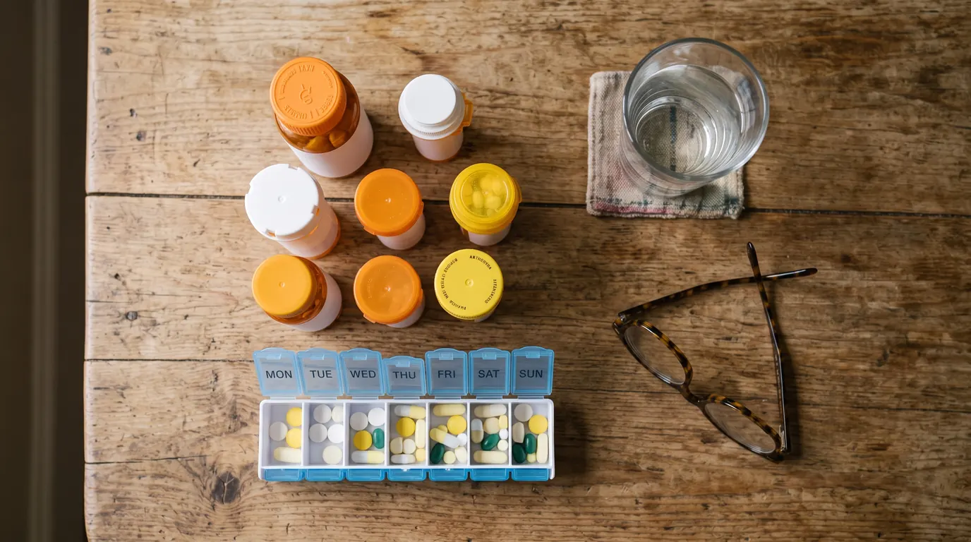 Prescription pill bottles and a weekly organizer on a kitchen table