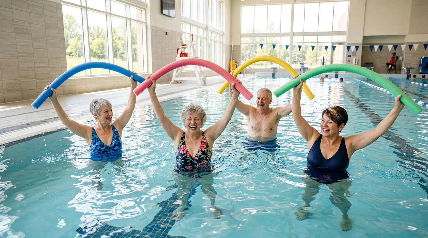 Group of seniors enjoying water aerobics class in a swimming pool with pool noodles