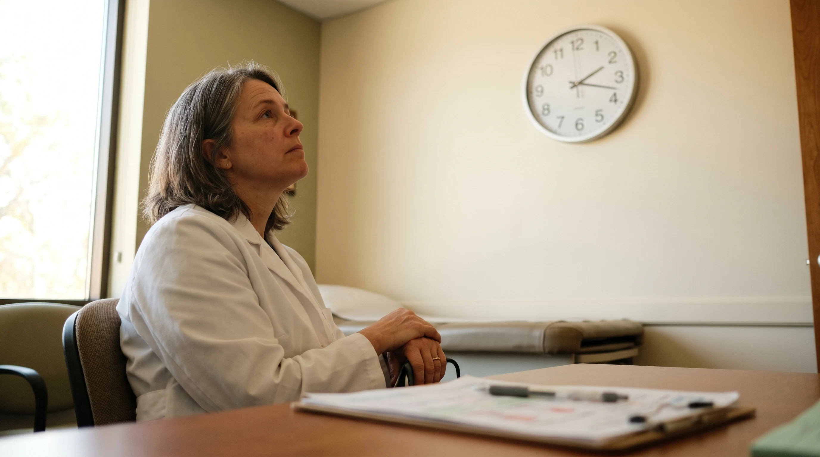 Doctor checking a wall clock in an exam room — the time-pressure of insurance medicine