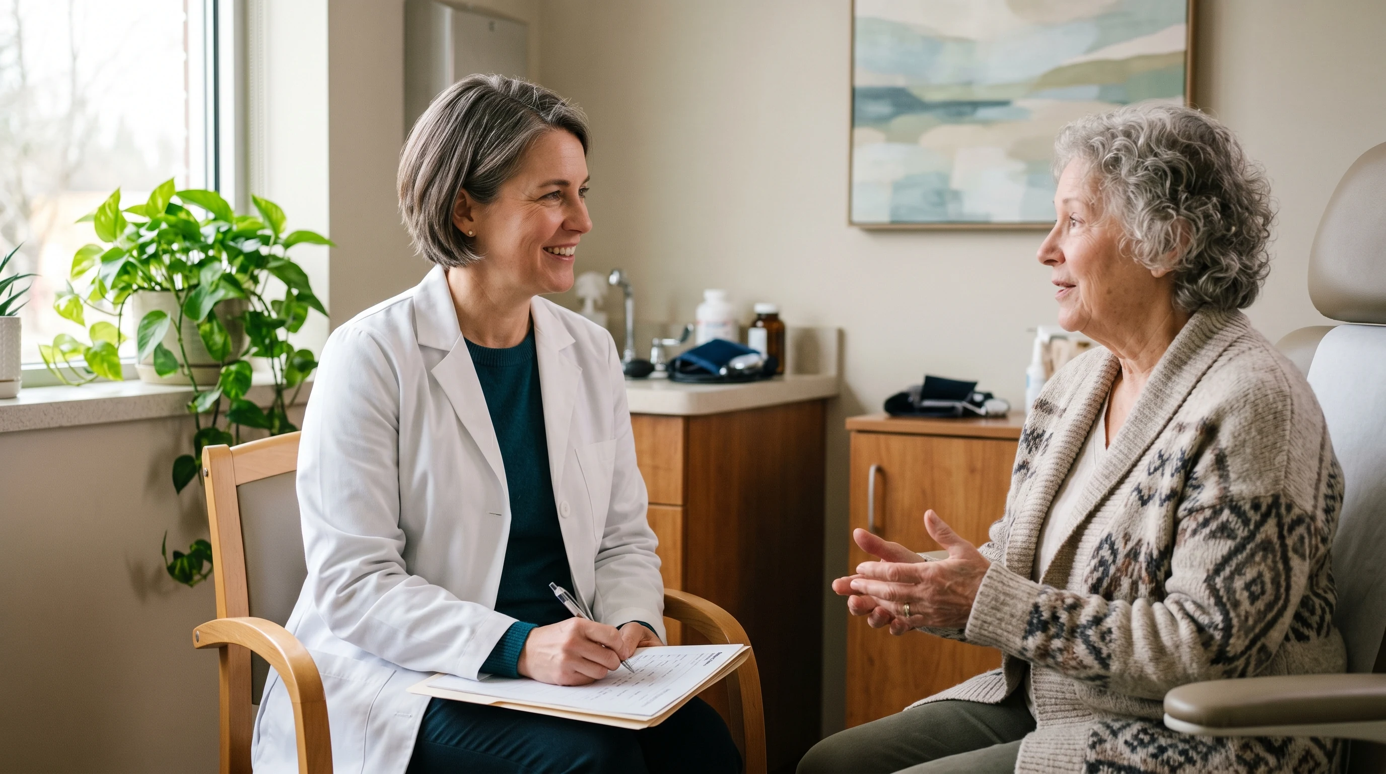 Doctor and patient in unhurried conversation in a relaxed exam room