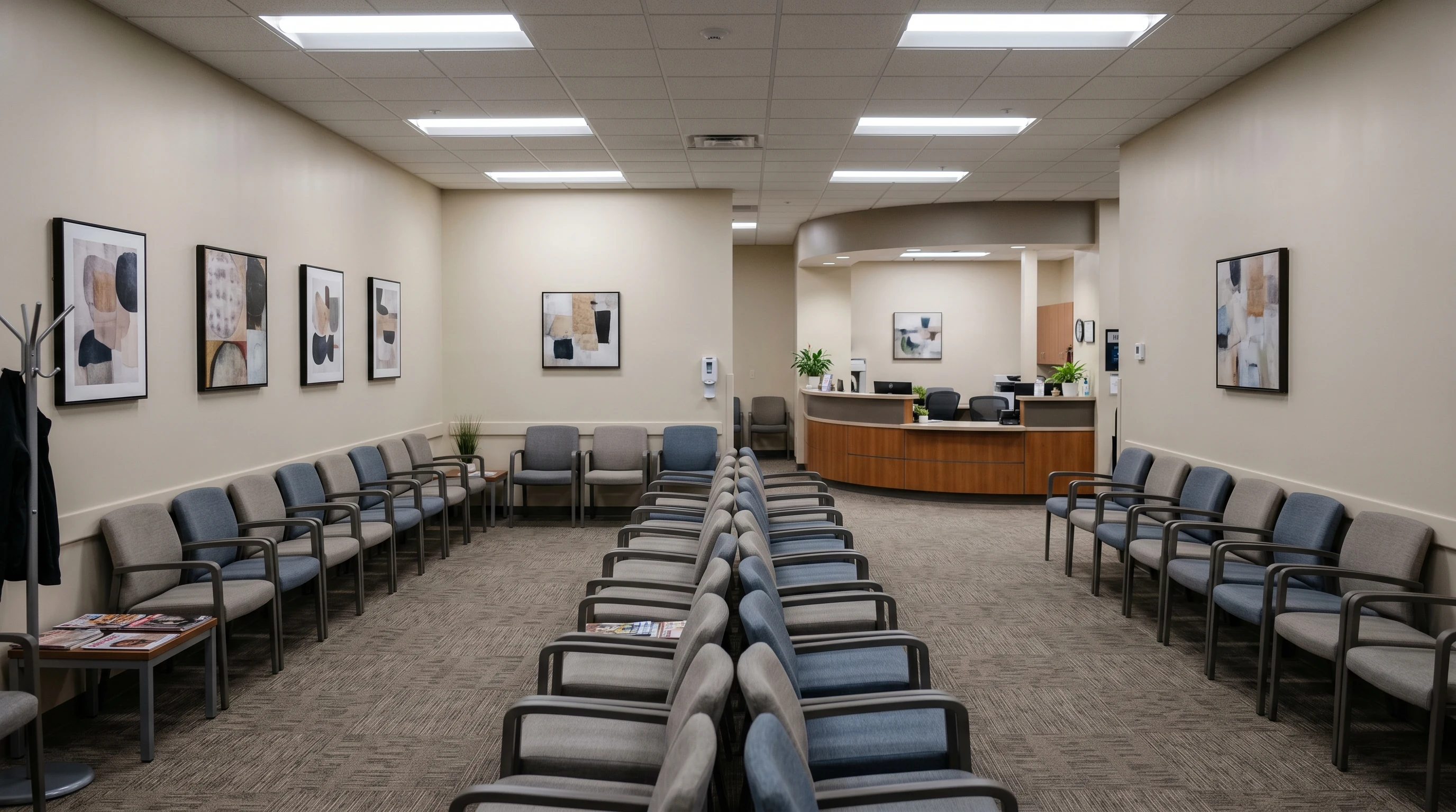 Empty primary care clinic waiting room with rows of chairs