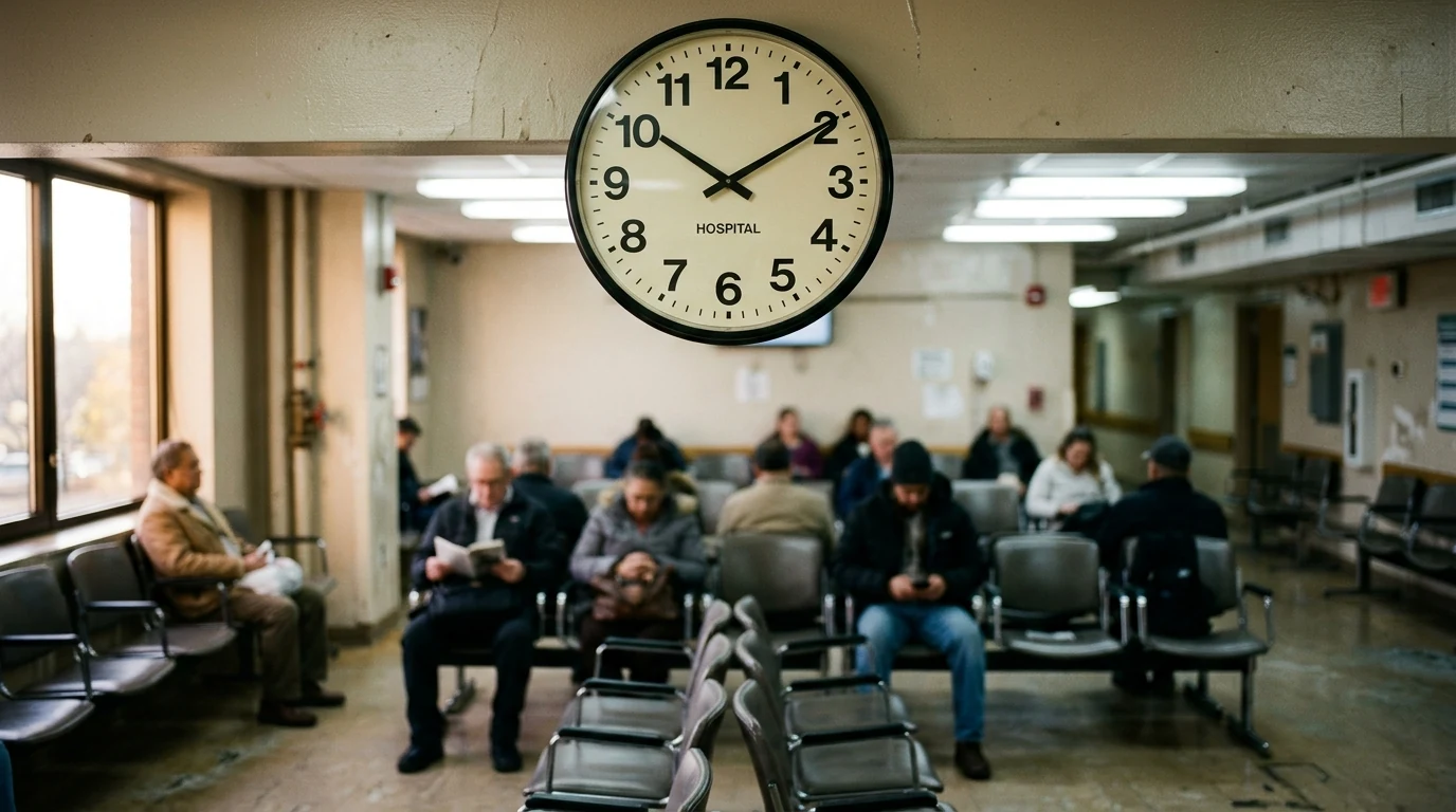 Large clock in a waiting room with blurred patients in chairs behind it, institutional lighting