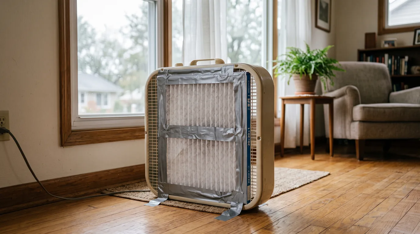 A box fan with a furnace filter taped to it as a DIY air cleaner