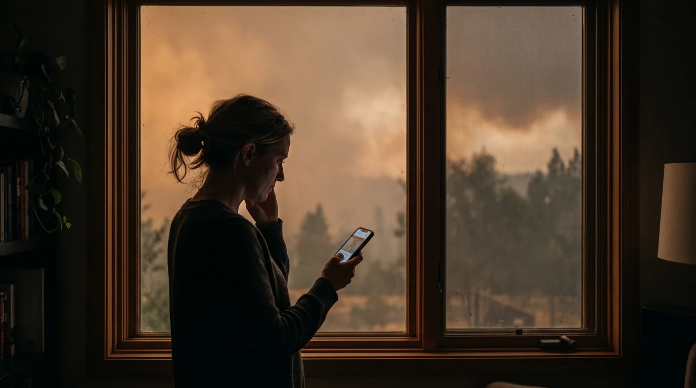 A person checking an air quality app at a window during a smoke event