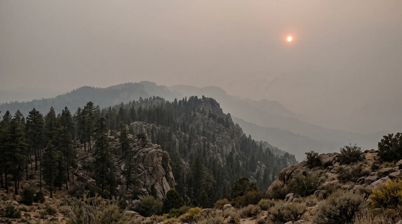 Ponderosa pine ridges near Prescott seen through heavy wildfire haze