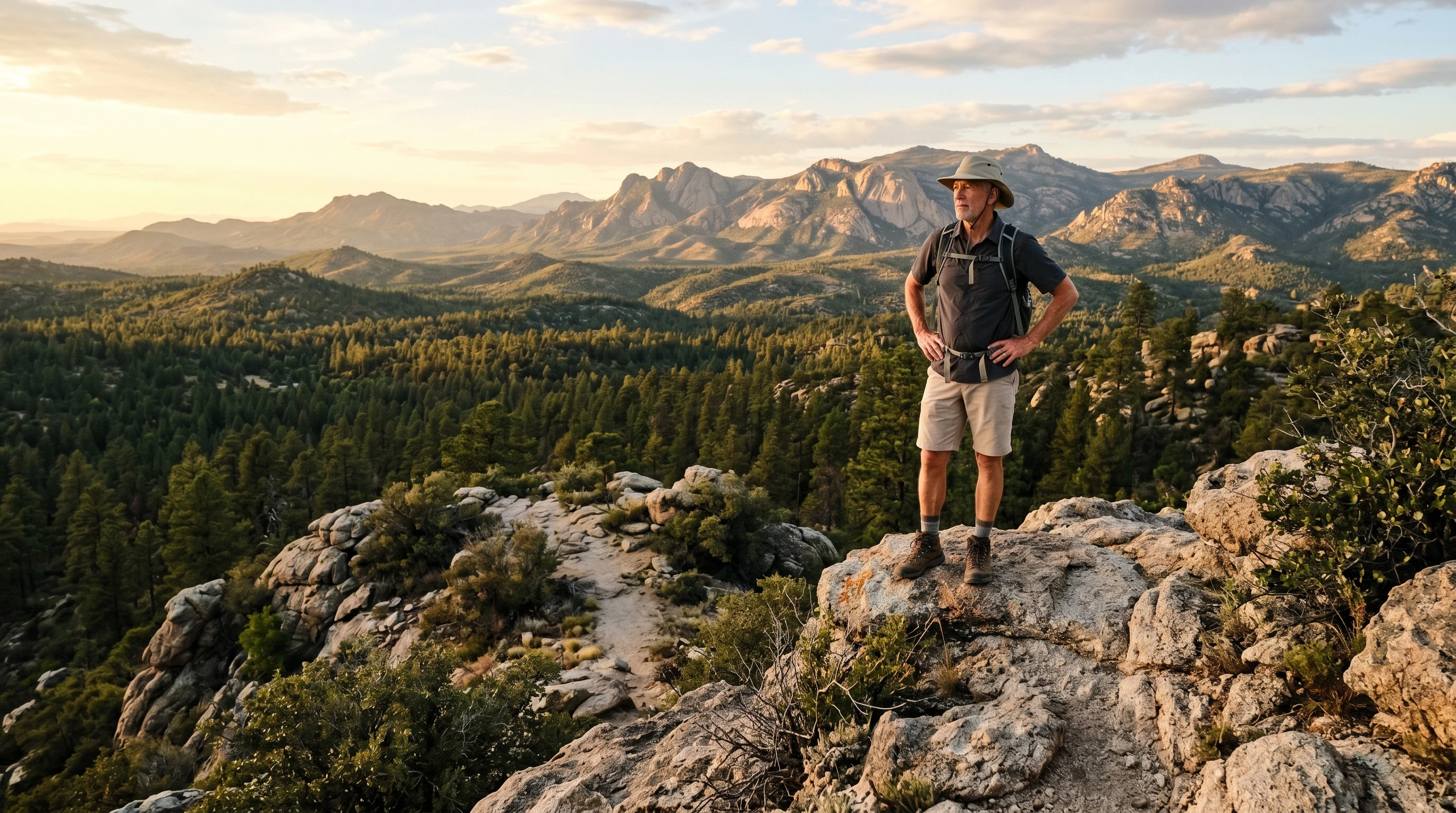 Hiker reaching the summit of Thumb Butte trail outside Prescott Arizona