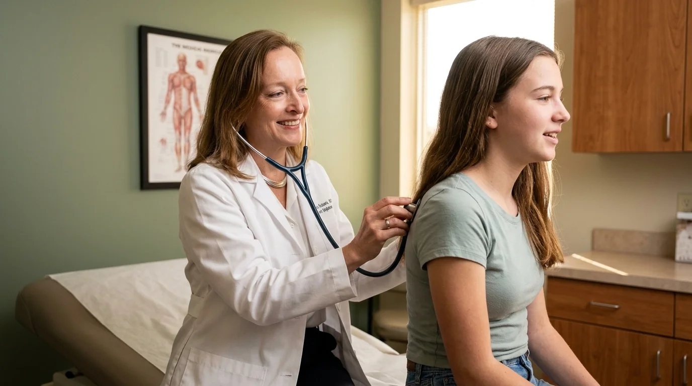 Dr. Price listening to a young patient's breathing