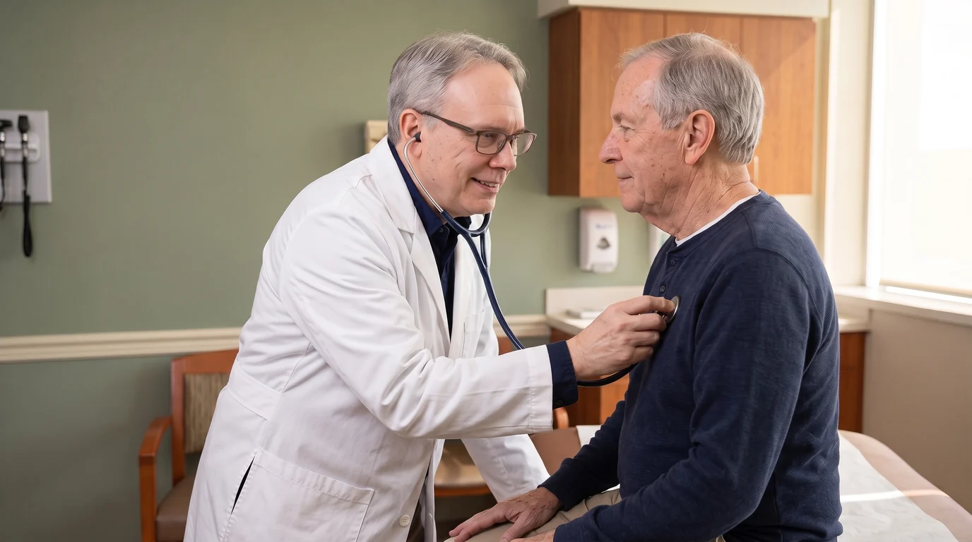 Dr. Rice listening to a patient's heart during an exam