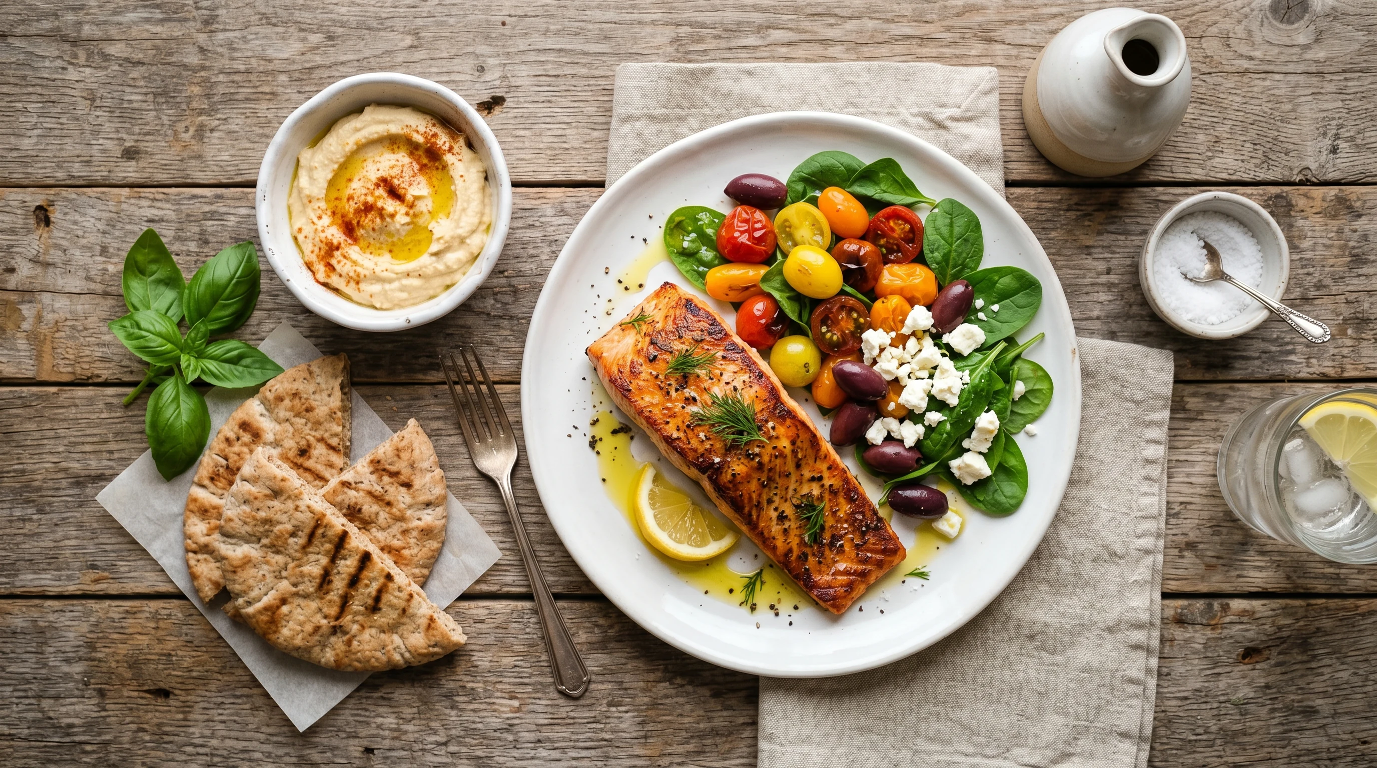 Mediterranean-style healthy plate with grilled salmon and vegetables