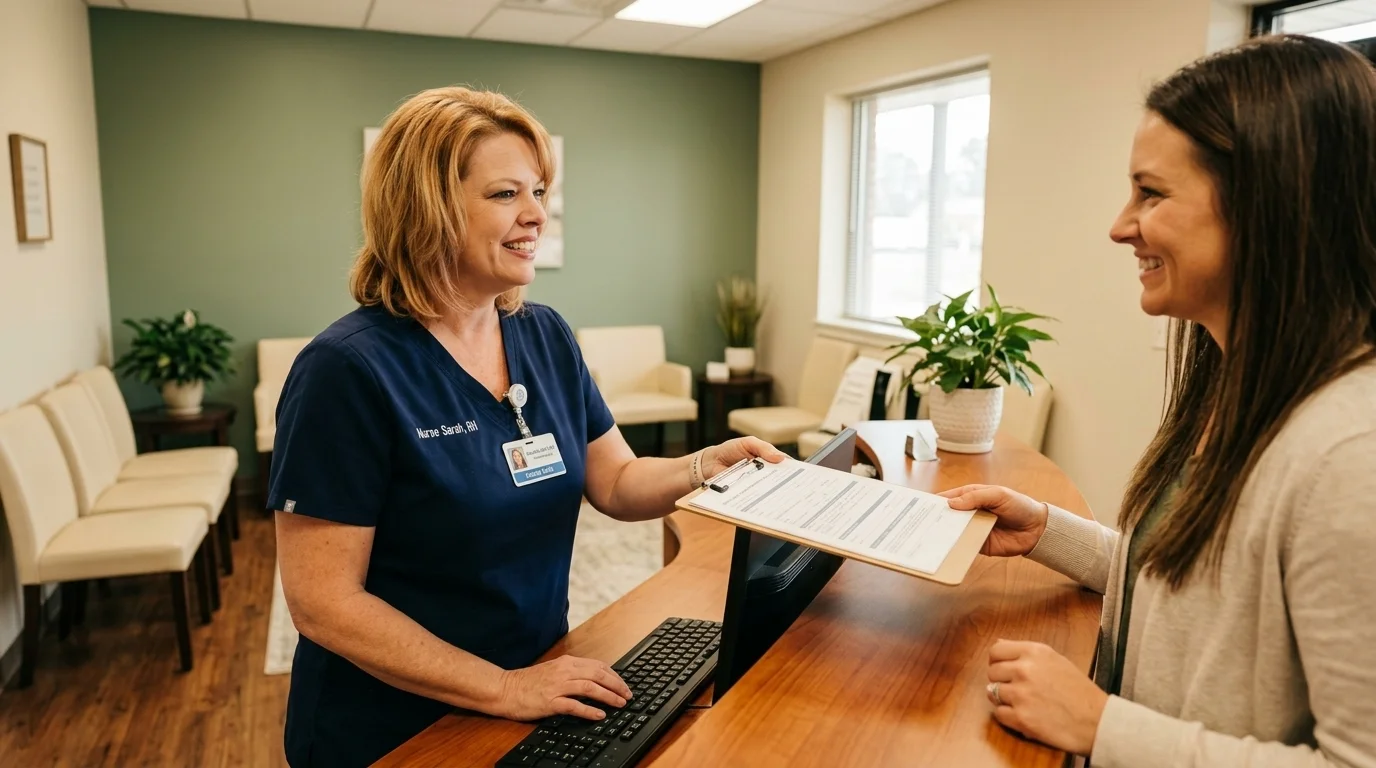 Jennifer welcoming a patient at the front desk