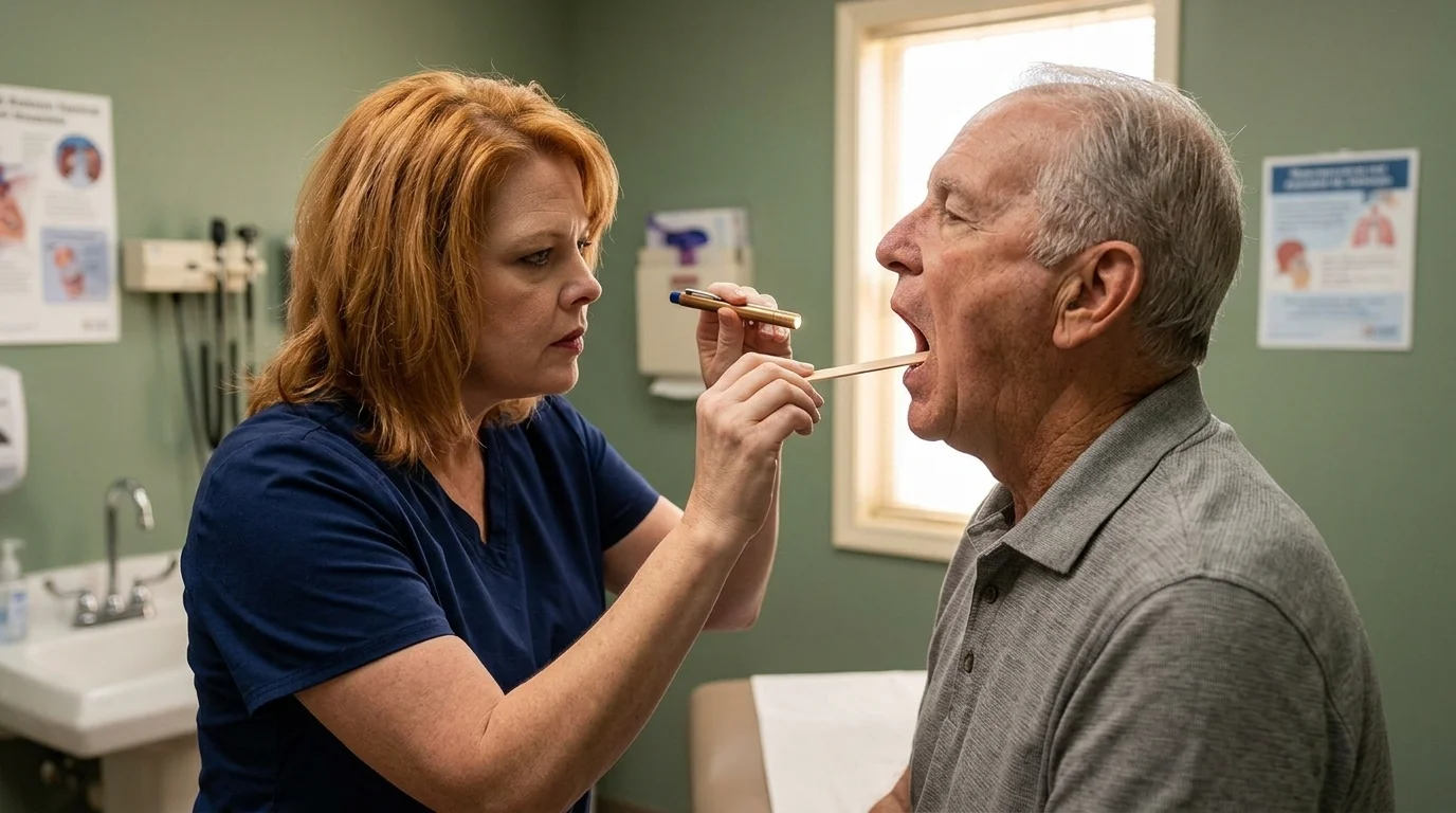 Jennifer checking a patient's throat