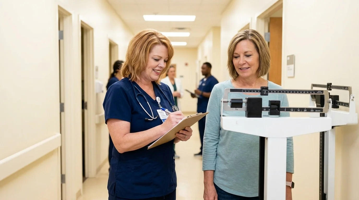 Jennifer recording a patient's weight