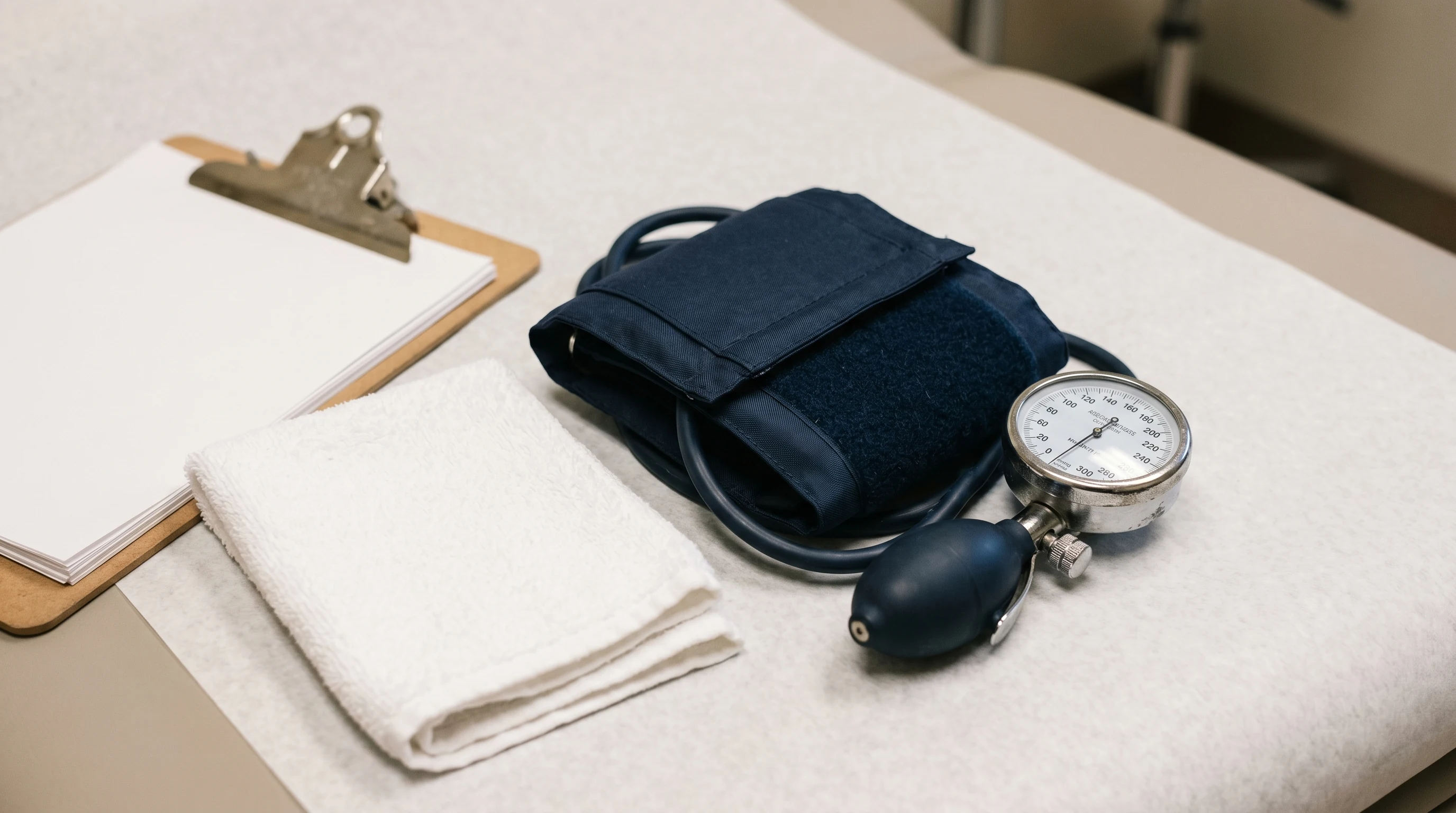 Blood pressure cuff and clipboard on a clean exam table