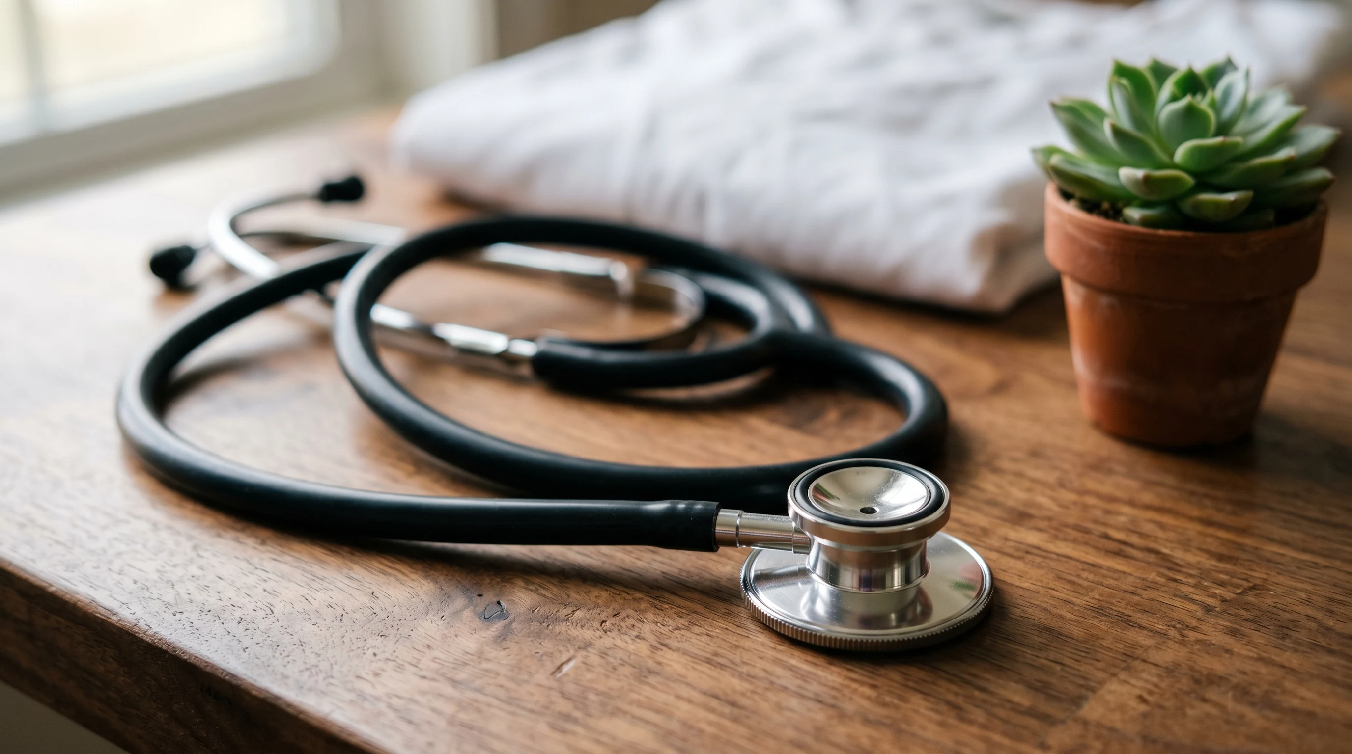 Stethoscope resting on a wooden desk in a primary care office