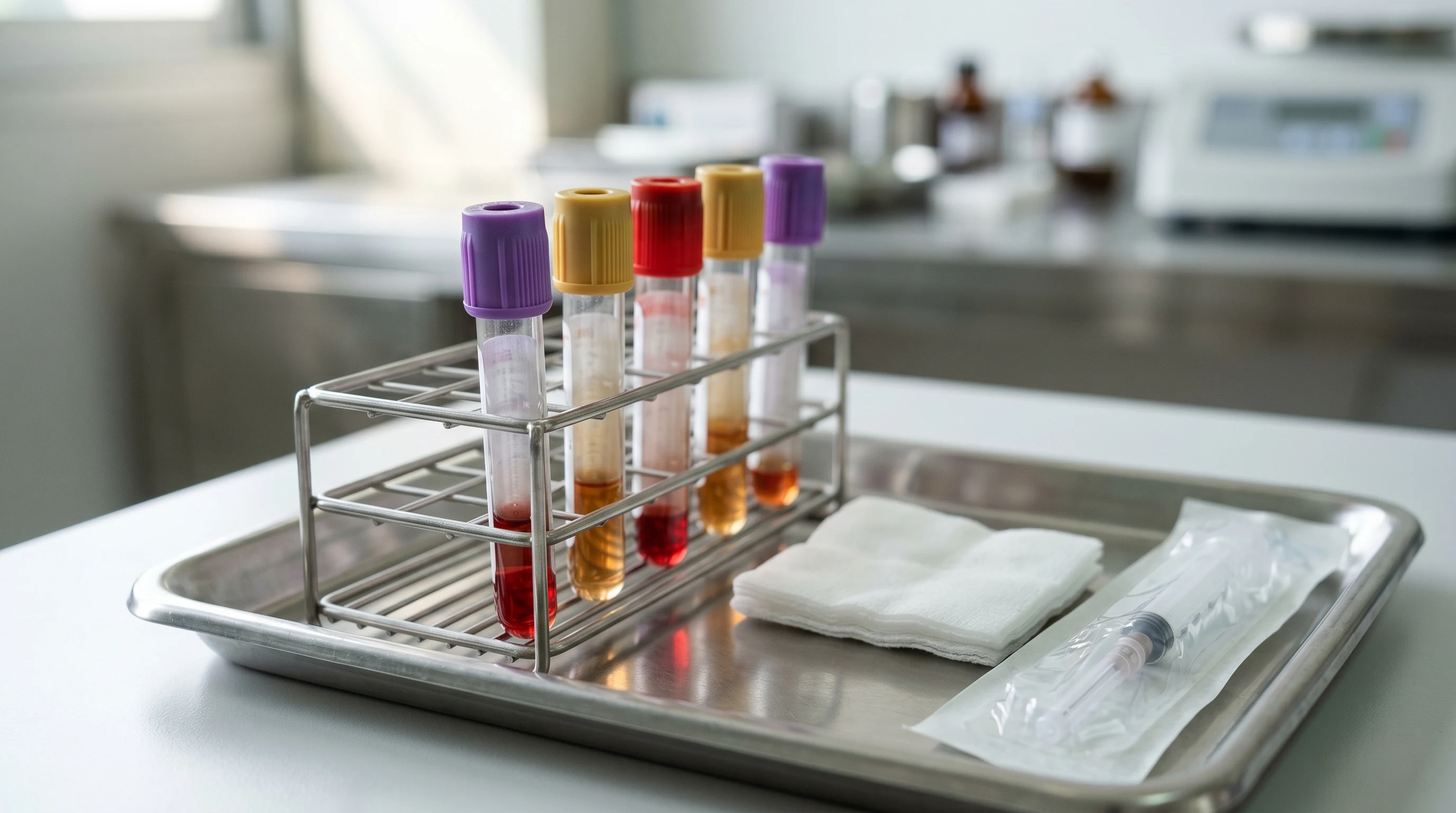 Lab test tubes in a stainless steel tray ready for processing