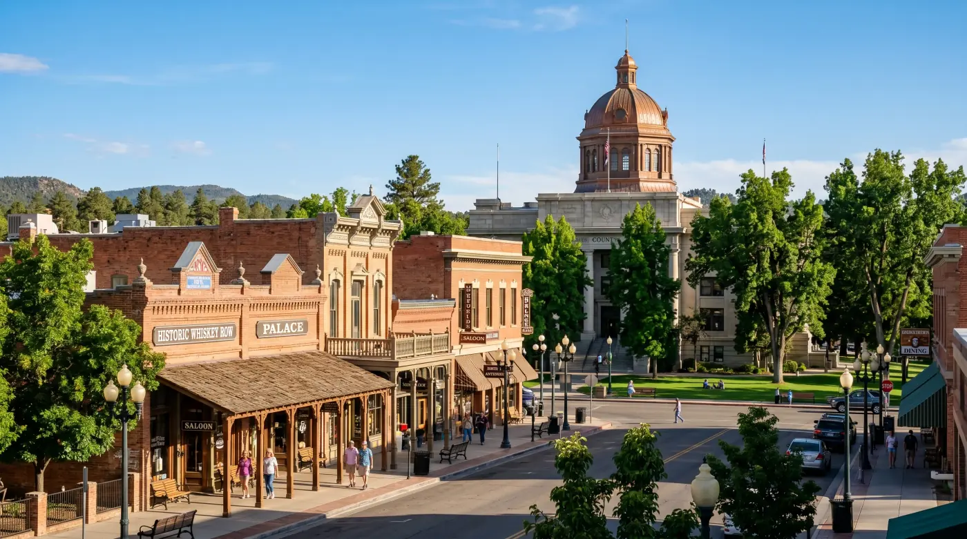 Historic downtown Prescott — Whiskey Row and the Yavapai County Courthouse