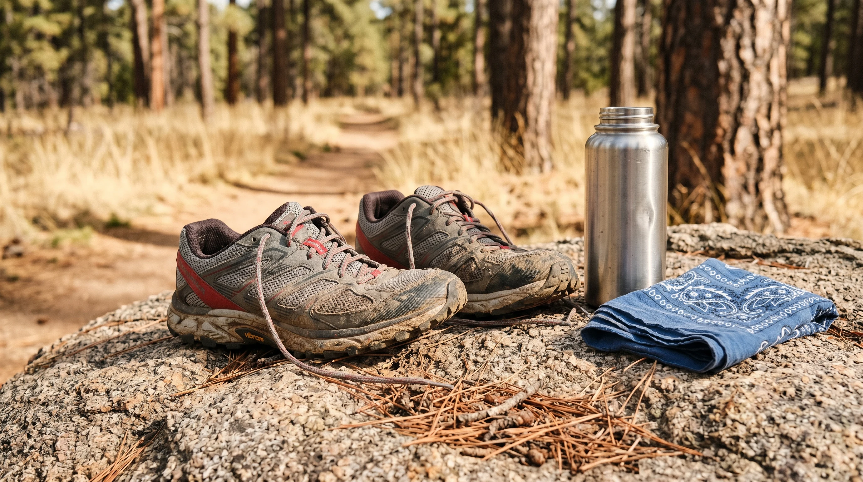 Trail-running shoes resting on a granite boulder along a Prescott pine forest trail